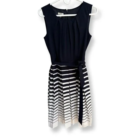 Talbots NWT Navy + White Striped Sleeveless Dress with Pleated Skirt Size 4 - Picture 2 of 13